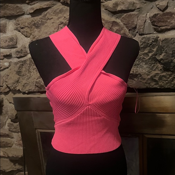 House of Harlow 1960 Tops - House of Harlow 1960 Vibrant Pink Ribbed Halter Crop Top